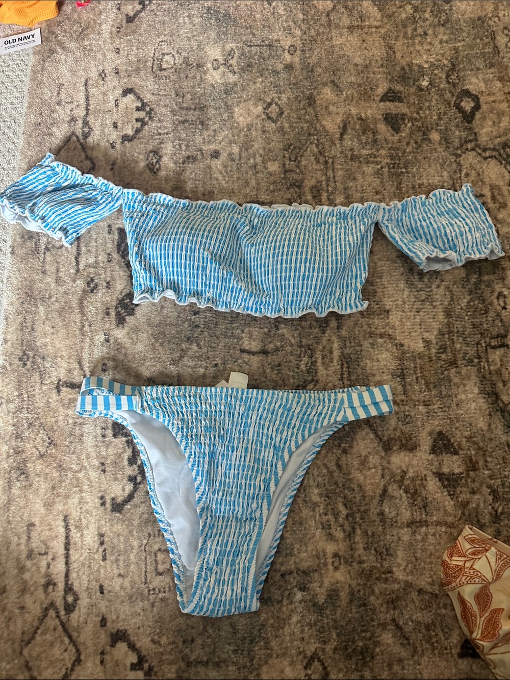 Blue and White Striped Smocked Off-Shoulder Bikini